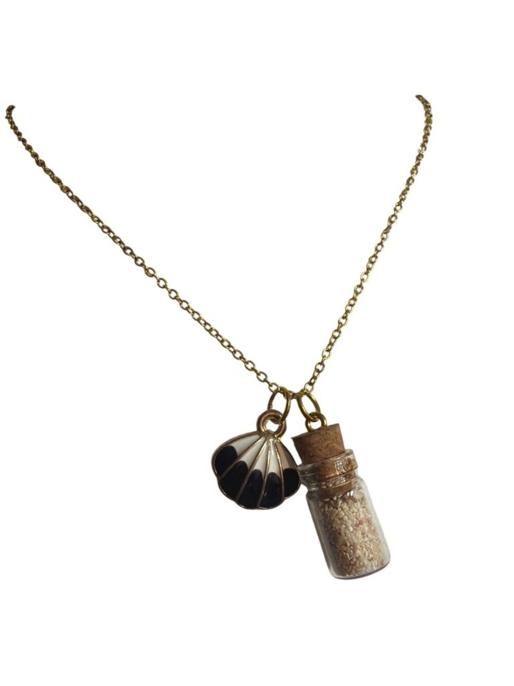 Gold Tone Pendant Necklace Mini Sand Bottle Black White Enamel Shell Charms 19"